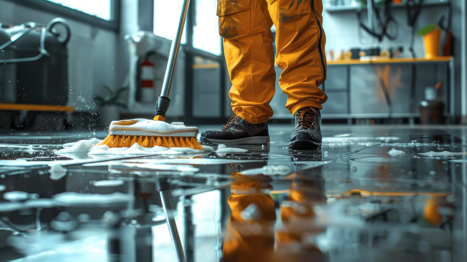 Janitor cleaning shiny floor close-up